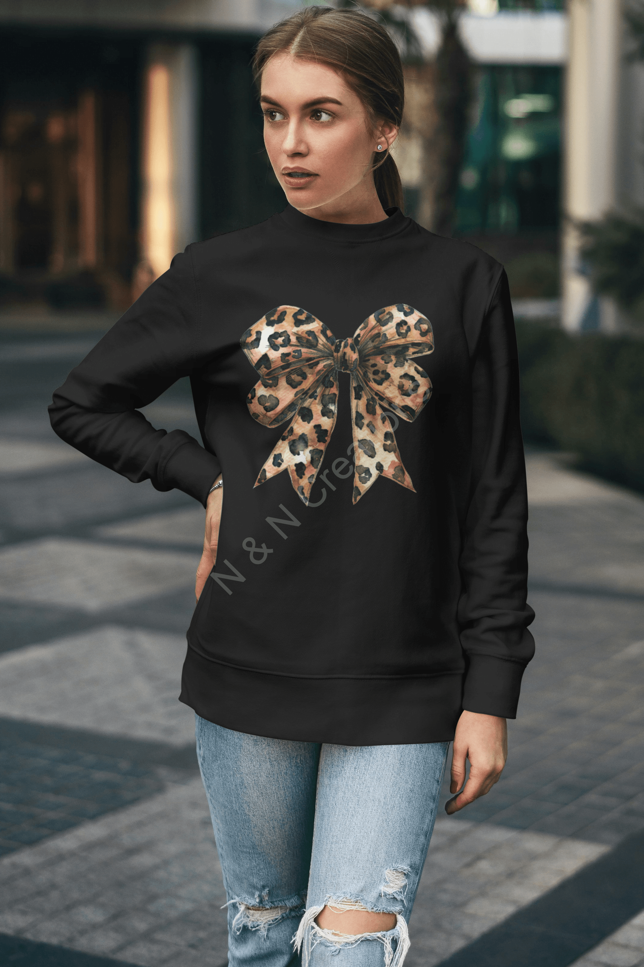 Leopard Print Coquette Bow - Sweatshirt