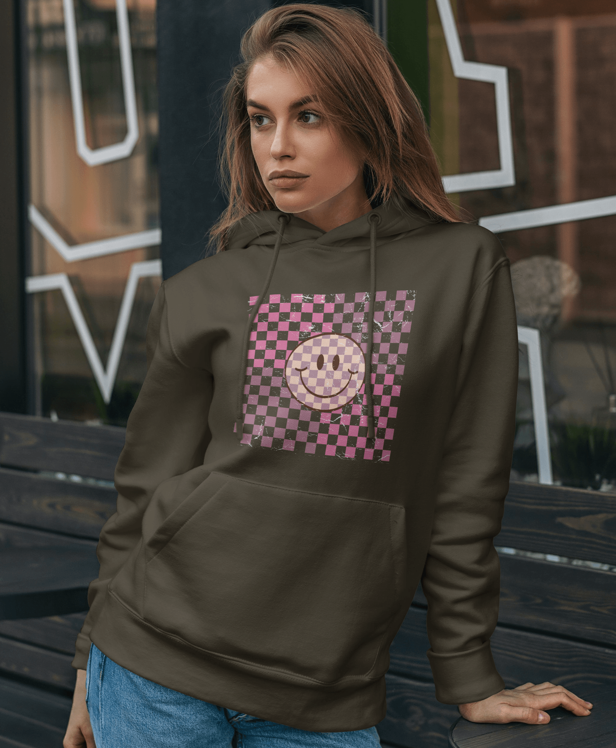 Checkered Smiley ( Distressed Effect ) - Hoodie