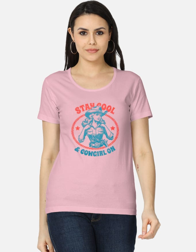 Stay Cool & Cowgirl On - Round Neck Half Sleeve T-Shirt - Image 3
