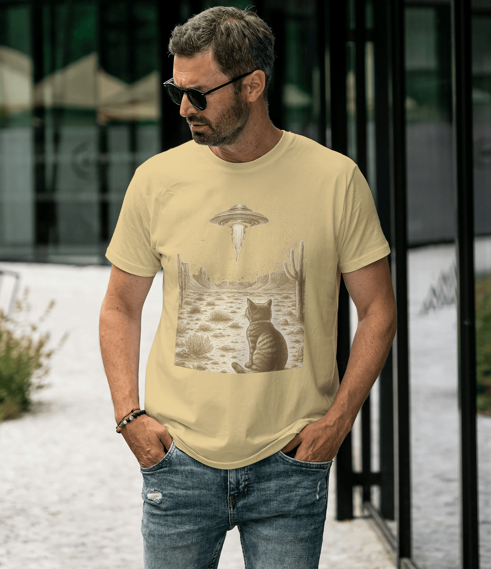 Cat UFO - Round Neck Regular Fit Half-Sleeve Tshirt
