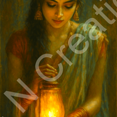Indian Woman Holding Lantern - Canvas Print